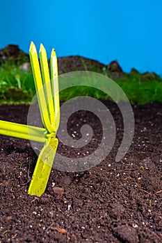 Hand weeding grass with garden tools. Clear field