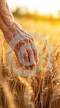 Hand in Wheat Field, Connection to Nature, Harvest, and Vitality