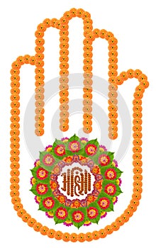 The hand with a wheel on the palm symbolizes Ahimsa in Jainism Indian religion isolated floral photo