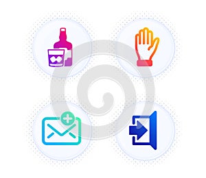 Hand, Whiskey glass and New mail icons set. Exit sign. Waving palm, Scotch drink, Add e-mail. Escape. Vector