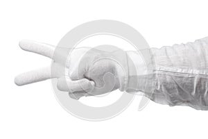 Hand in a white glove isolated on a white background. Gesture eye-catching. Gesticulation