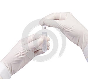 Hand with white glove opening plastic tube isolate or dropper tube is on white background with clipping path