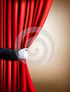 Hand in a white glove pulling curtain away. Theater.