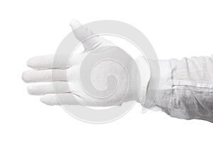 Hand in a white glove  on a white background. Gesture eye-catching. Gesticulation