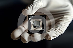 hand in white gloves holding an advanced third-generation microchip with a black, rectangular shape, set against a clean