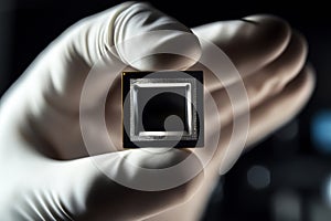 hand in white gloves holding an advanced third-generation microchip with a black, rectangular shape, set against a clean