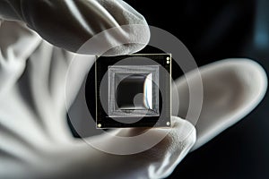 hand in white gloves holding an advanced third-generation microchip with a black, rectangular shape, set against a clean