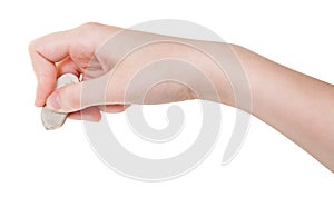 Hand with white rubber eraser isolated on white photo