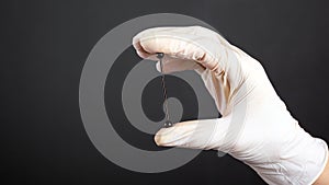 Hand in a white sterile glove holds a piercing for cartilage ear jewelry on a dark background close-up