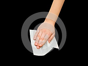 hand with white wet wipe