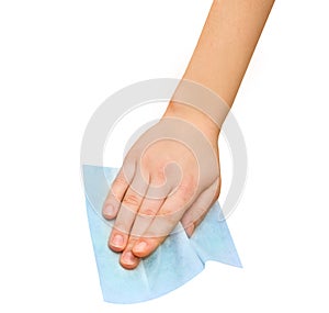 hand with white wet wipe