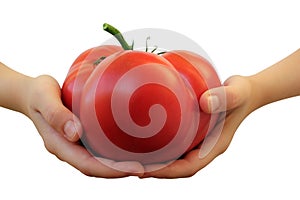 Hand of a white woman showing a fresh delicious, red tomato isolated on white background