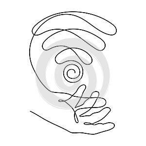 Hand with WI-FI signal one line art,hand drawn palms holds internet hotspot,access point continuous contour.Free zone wireless