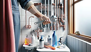 Hand wielding a wrench amidst bathroom plumbing and toiletries. generative ai