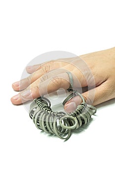 Hand wiith Jeweler finger sizing tools isolated