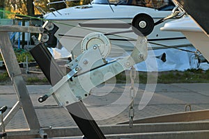 Hand winch of the boat trailer closeup