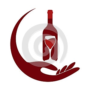 Hand with wine bottle and glass, wine and restaurant logo