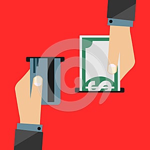 Hand Withdrawing Money (Dollar Bill) From Bank Account With Credit Card - Banking Flat Vector Design