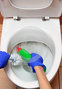 Hand of woman in blue glove cleaning toilet bowl