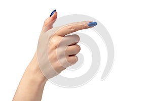 Hand of a woman with blue nails isolated on a white background