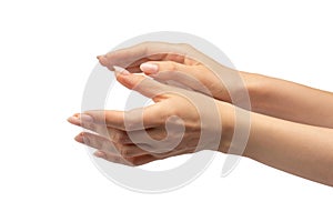 Hand of a woman hold some tiny or thin object, isolated