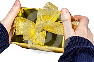 Hand woman holding gift box on isolated with clipping path. Image of christmas gift with hands isolated white