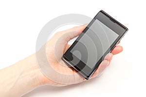 Hand of woman holding mobile smart phone with blank screen