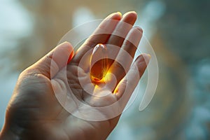 hand woman a Omega 3 oil or Vitamin D capsule tablet, Generative AI.