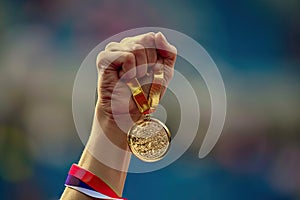 hand of a woman raising an Olympic gold medal in victory