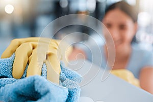 Hand, woman and table cleaning for hygiene, housework and household cleansing in an apartment. Hands, girl and clean