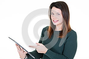 Hand woman touching screen on modern digital tablet pc