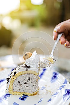 The hand of a woman using a spoon to scoop ice cream cake. Close up shot
