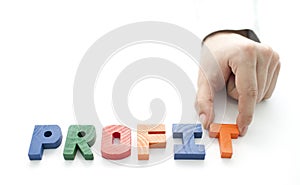 Hand and word Profit on white background