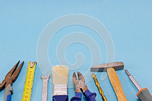 Hand work tools set on blue background