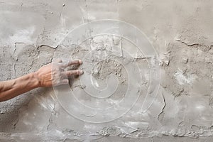 hand of worker plastering cement at the wall for building house