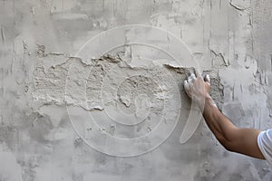 hand of worker plastering cement at the wall for building house