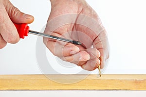 Hand of the worker twists the in a wooden block