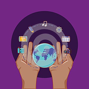 Hand with world around social media connected