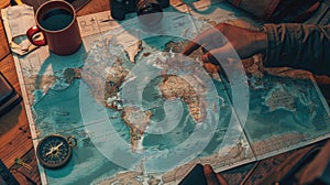 The hand on world map. AI generated