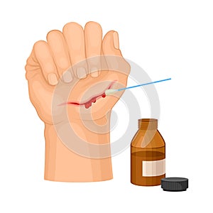 Hand with Wound Streaming Blood Cleaning with Pharmaceutical Substance Procedure Vector Illustration