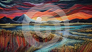 Hand Woven Cloth Painting Of Water And Mountains In Sunset