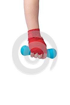 A hand wrapped in a red bandage for protection holds a light dumbbell on a white background