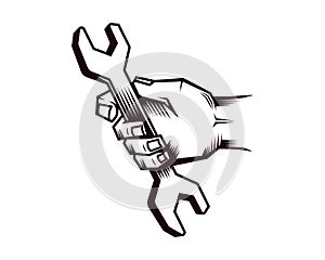 Hand and Wrench Symbol with Silhouette Style
