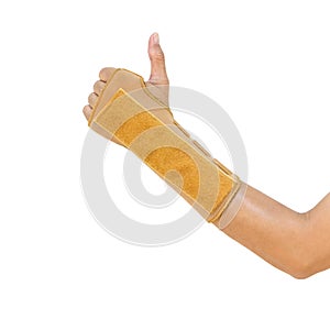 Hand with a wrist brace, orthopedic equipment, insurance concept