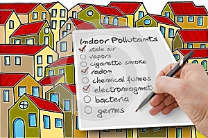 Hand write a check list of indoor air pollutants against a build photo