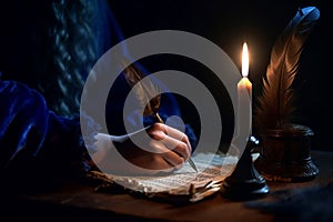 Hand write ink feather at burning candle. Generate Ai