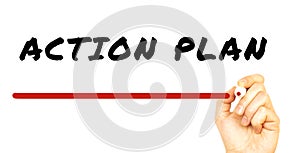 Hand writing ACTION PLAN with red marker. Isolated on white background.