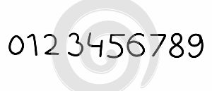 Hand writing black digits numbers font from 0 to 9 font collection. Vector illustration in doodle hand drawn style isolated on