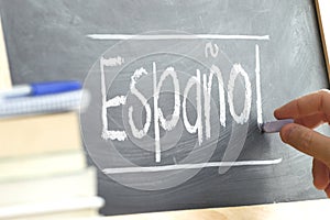 Hand writing on a blackboard in a language class with the word 