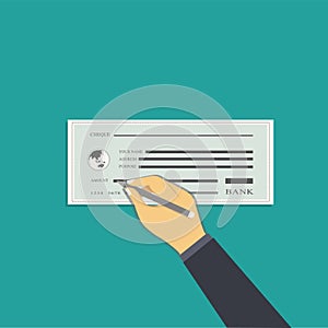 hand writing checks for a bank, flat design vector illustration